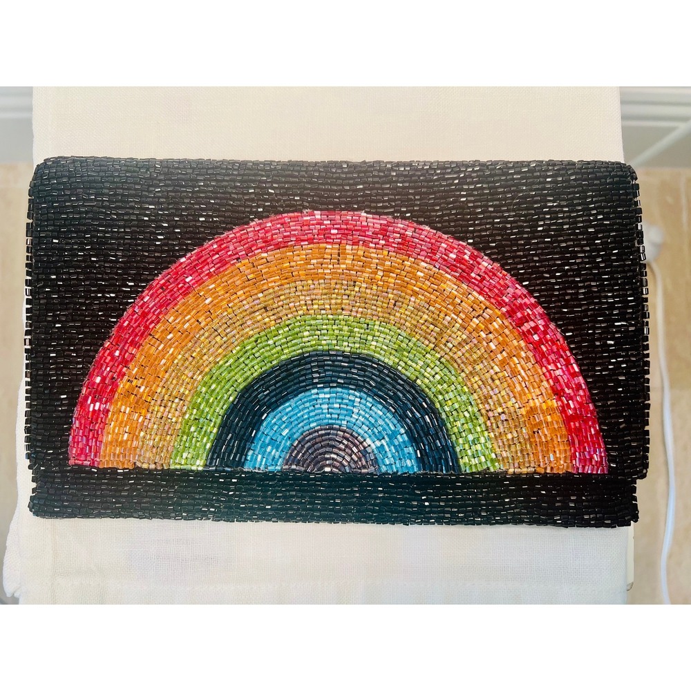 Meredith Hope Beaded Rainbow Clutch Black Evening Bag Shoulder Strap Handbag